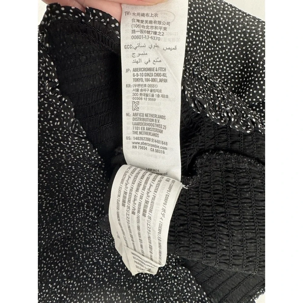 Abercrombie & Fitch Black Polka Dot Smocked‎ Waist Blouse XS Sheer Puff Sleeve